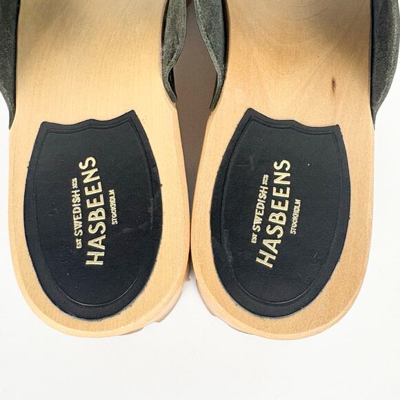 Swedish Hasbeens Ann Low Sandals Mules Clogs Black Leather Wooden Sole Size 41 - Picture 9 of 13